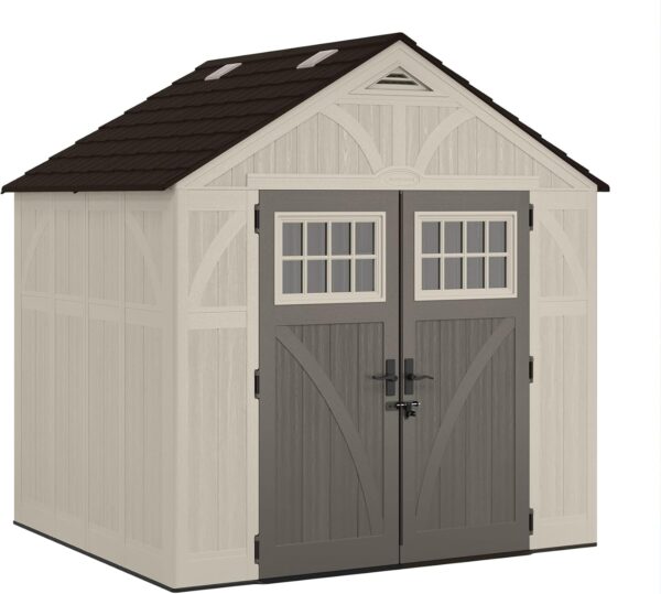 Suncast 8' x 7' Heavy-Duty Resin Tremont Storage Shed with Reinforced Floor, Skylights for Natural Light, Lockable Double Doors, Cream