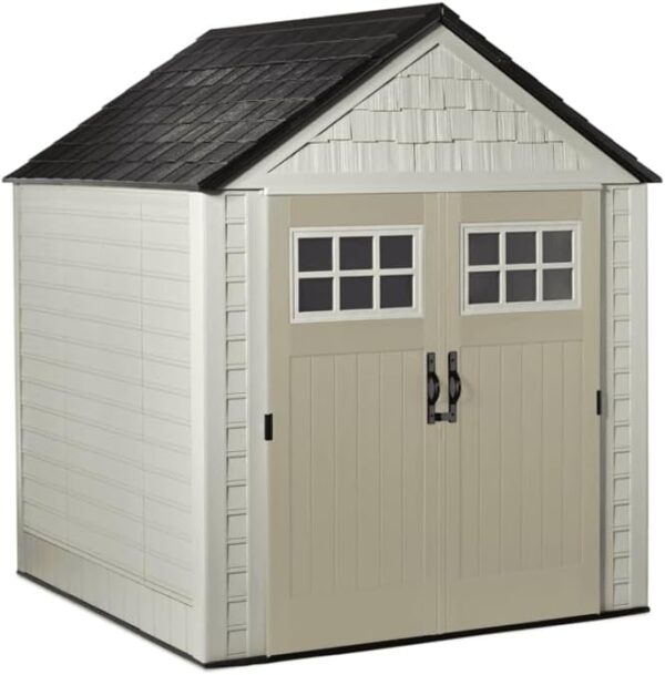 Rubbermaid 7 Foot by 7 Foot Weatherproof Outdoor Storage Shed for Garden Tools and Lawn Machinery Organization with Lockable Double Door, Sandstone