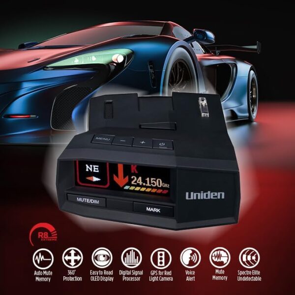 UNIDEN R8 Extreme Long-Range Radar/Laser Detector, Dual-Antennas Front & Rear Detection w/Directional Arrows, Built-in GPS w/Real-Time Alerts, Voice Alerts, Red Light Camera and Speed Camera Alerts - Image 3